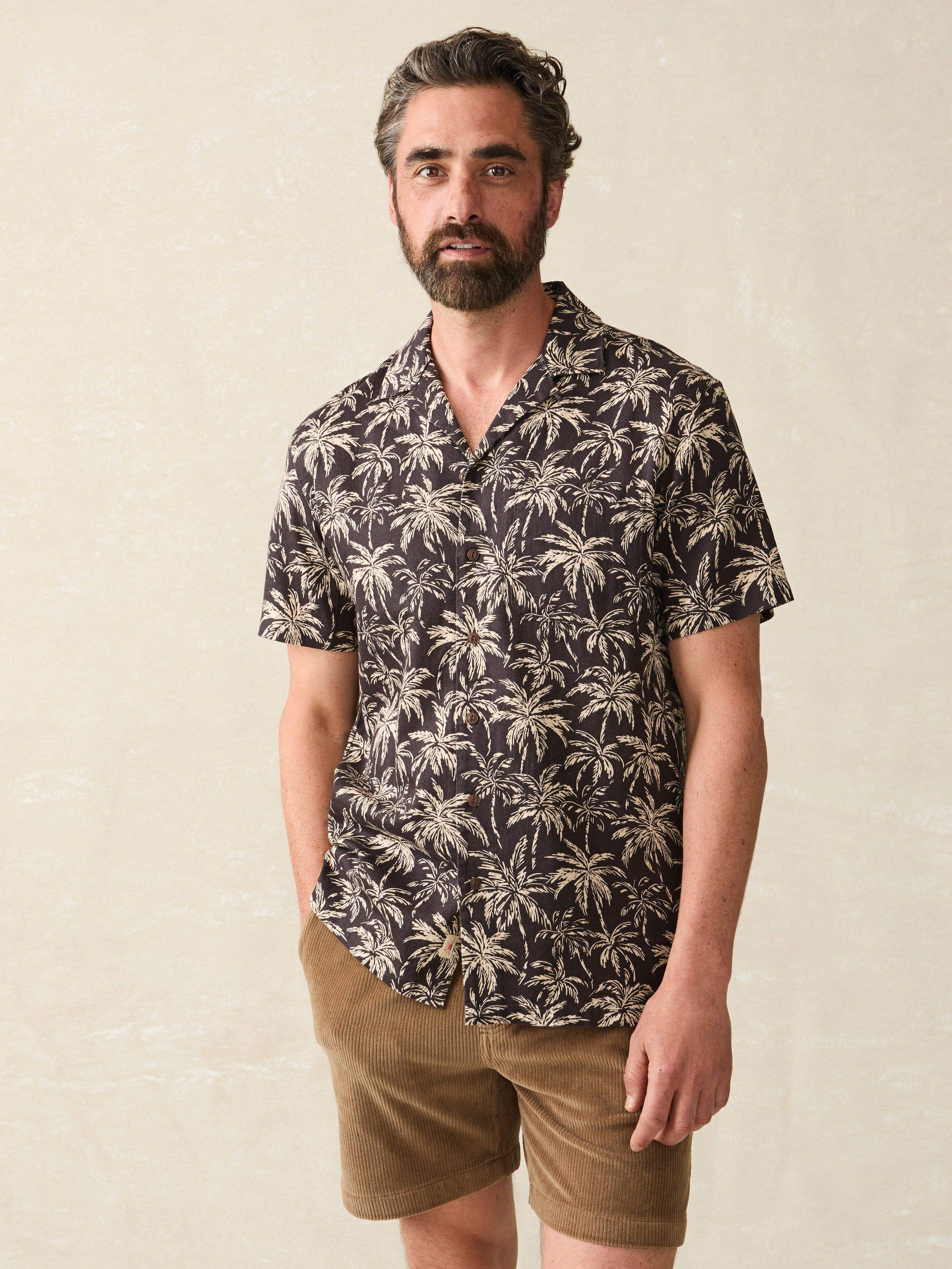 Short-Sleeve Hemp Blend Camp Shirt - Charcoal Tropic Trees