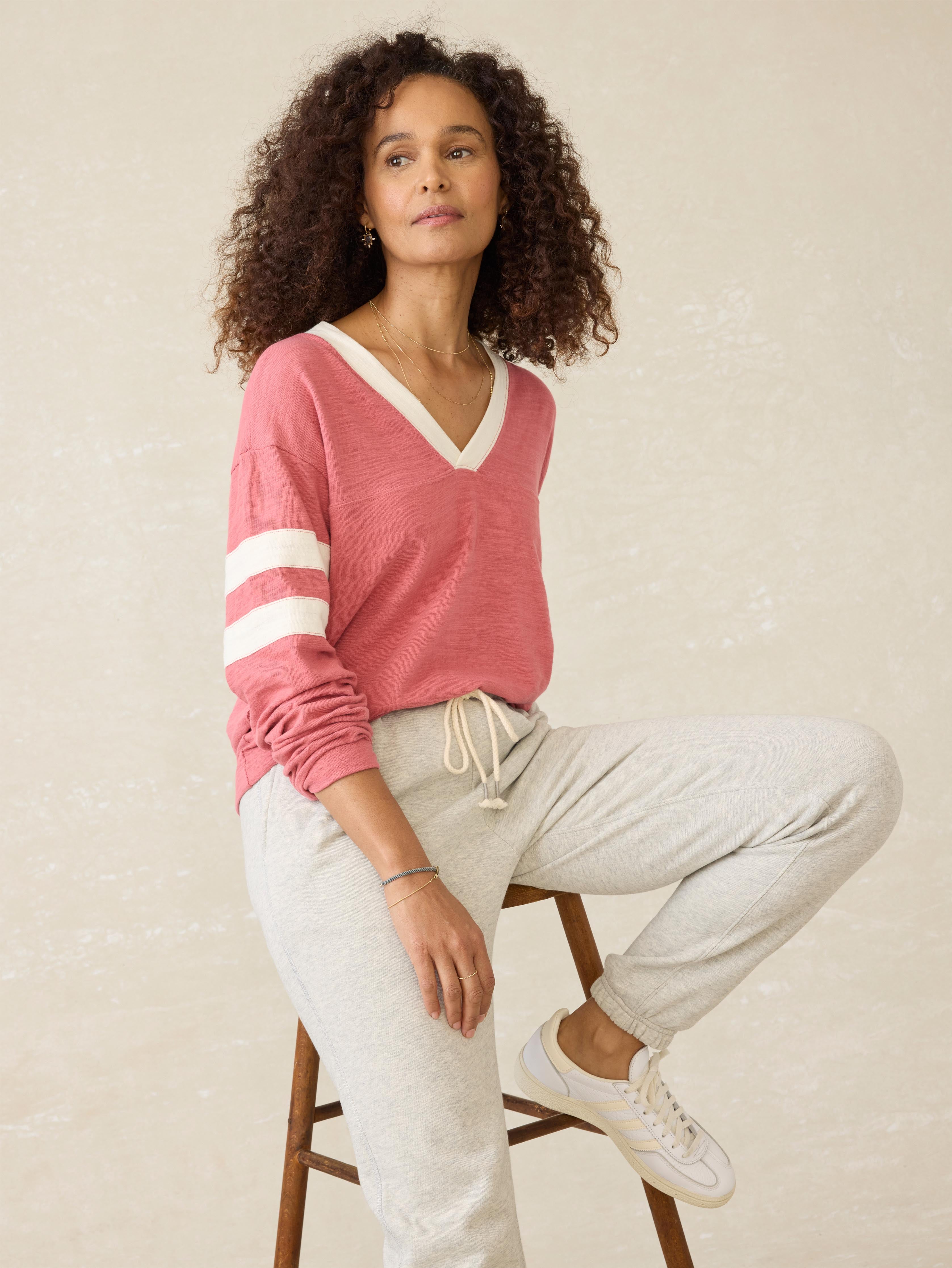 Sunwashed Slub Varsity V-Neck - Baroque Rose