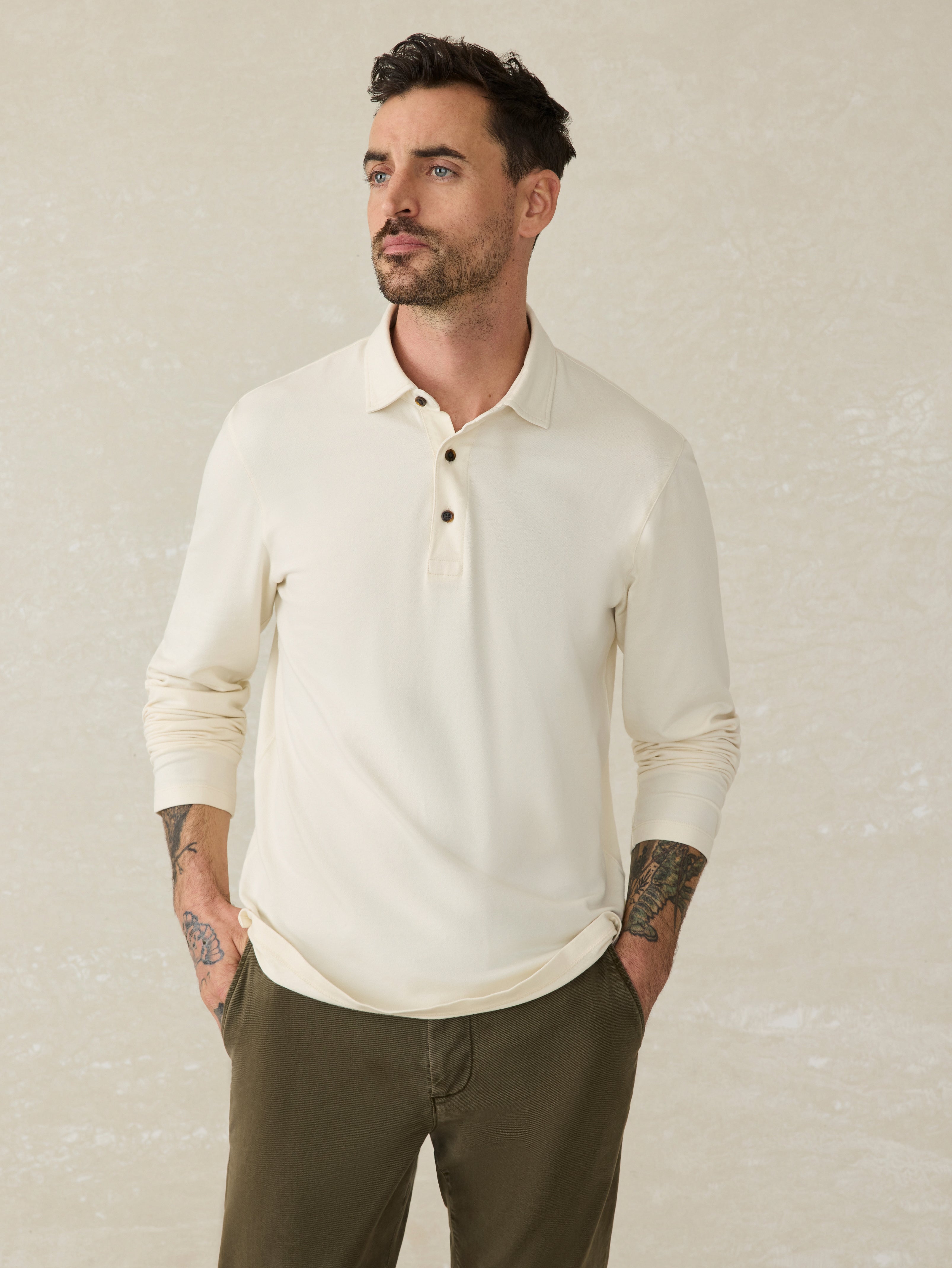 Long-Sleeve Field Knit Polo - Coastal Cream