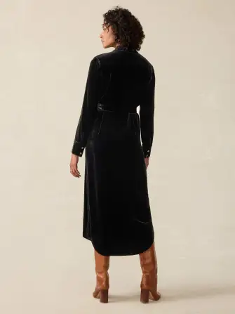 Stretch Silk Velvet Riley Midi Dress - Black(Black,XXS)