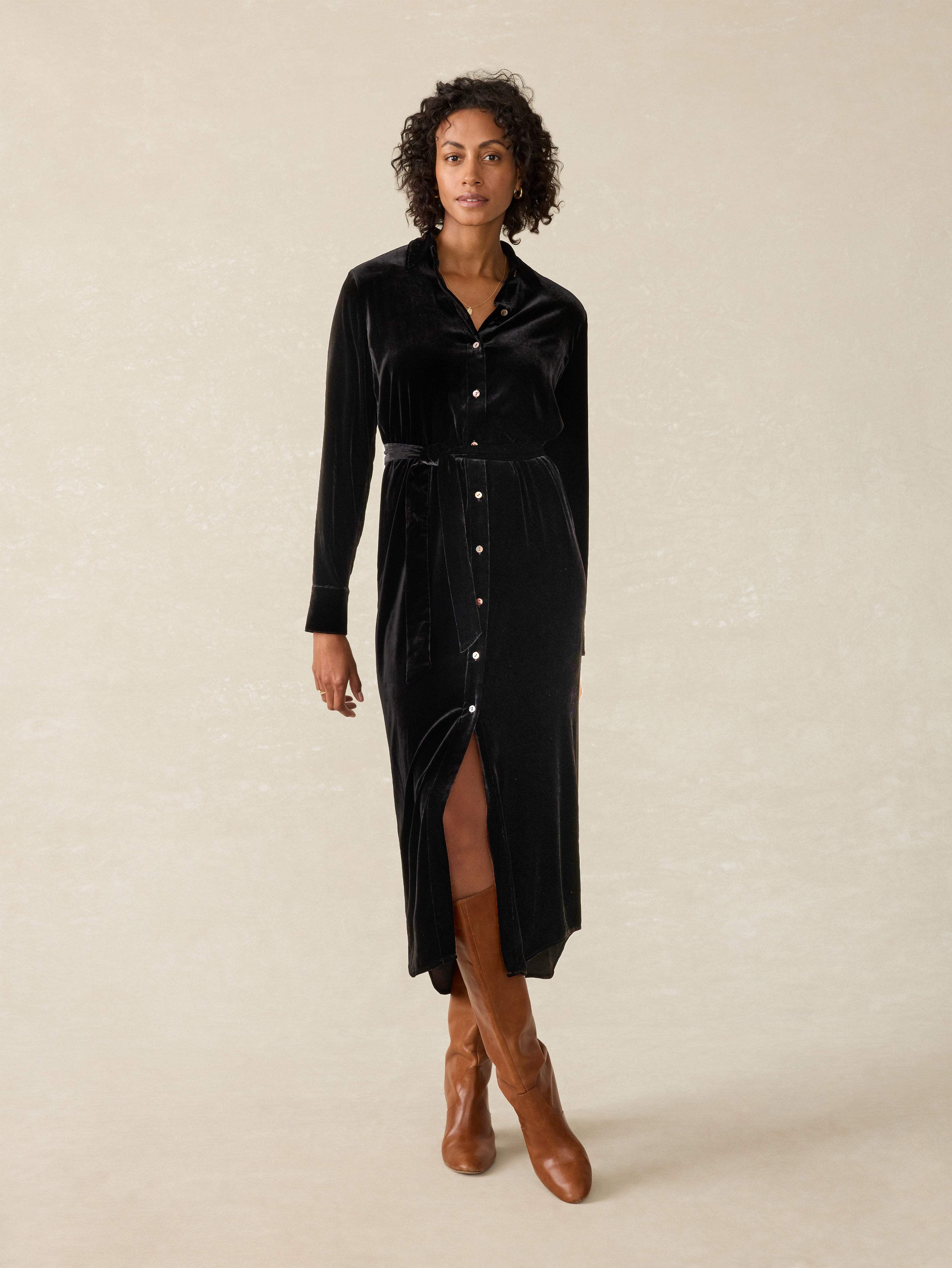 Stretch Silk Velvet Riley Midi Dress - Black
