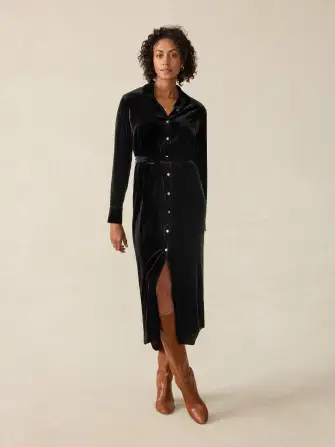 Stretch Silk Velvet Riley Midi Dress - Black
