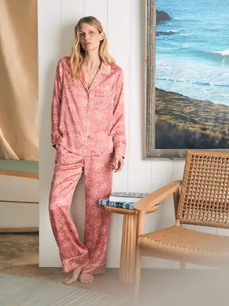 Sandwashed Silk Long Sleeve Pajama Set - Rose Tropic Trees(Rose Tropic Trees,XXS)