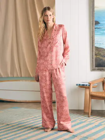 Sandwashed Silk Long Sleeve Pajama Set - Rose Tropic Trees(Rose Tropic Trees,XXS)