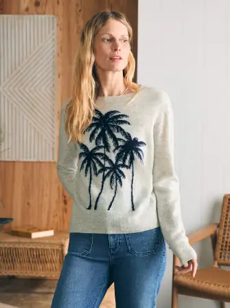 Palm Coast Cashmere Crewneck - Navy Palm Horizon
