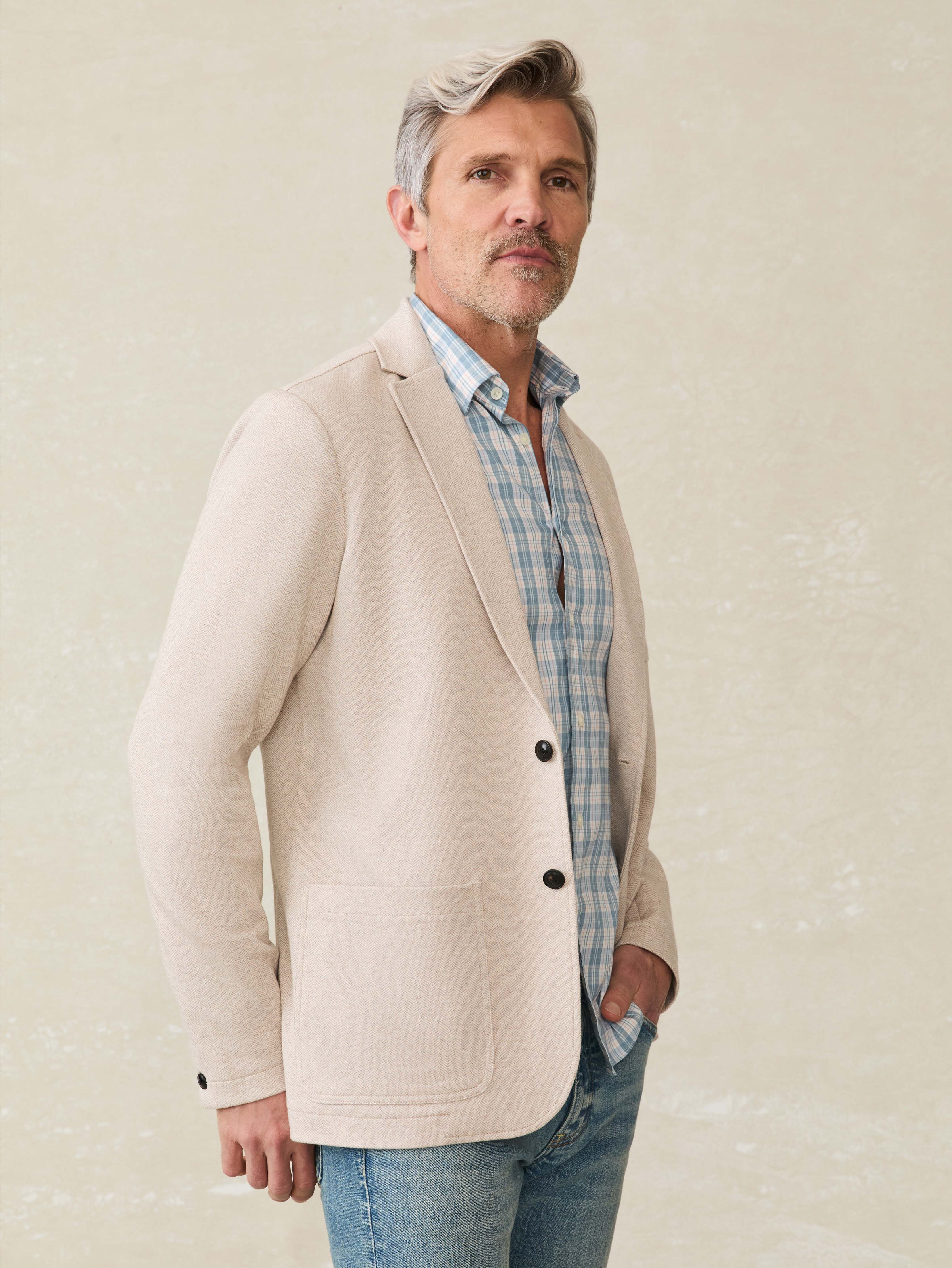 Inlet Knit Tweed Blazer - Khaki Stone Herringbone