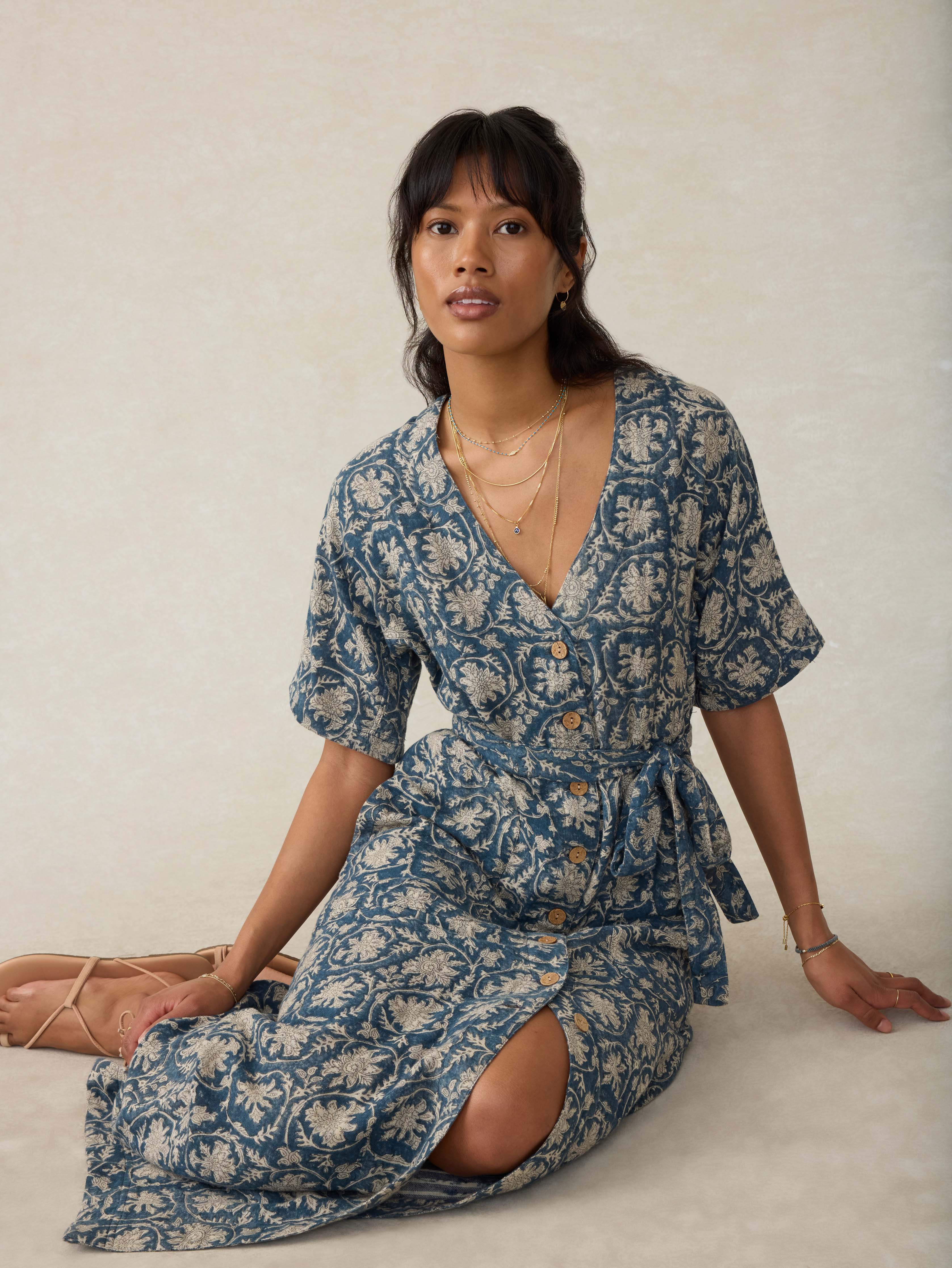 Dune Cotton Gauze Camille Midi Dress - Tranquil Tides Print