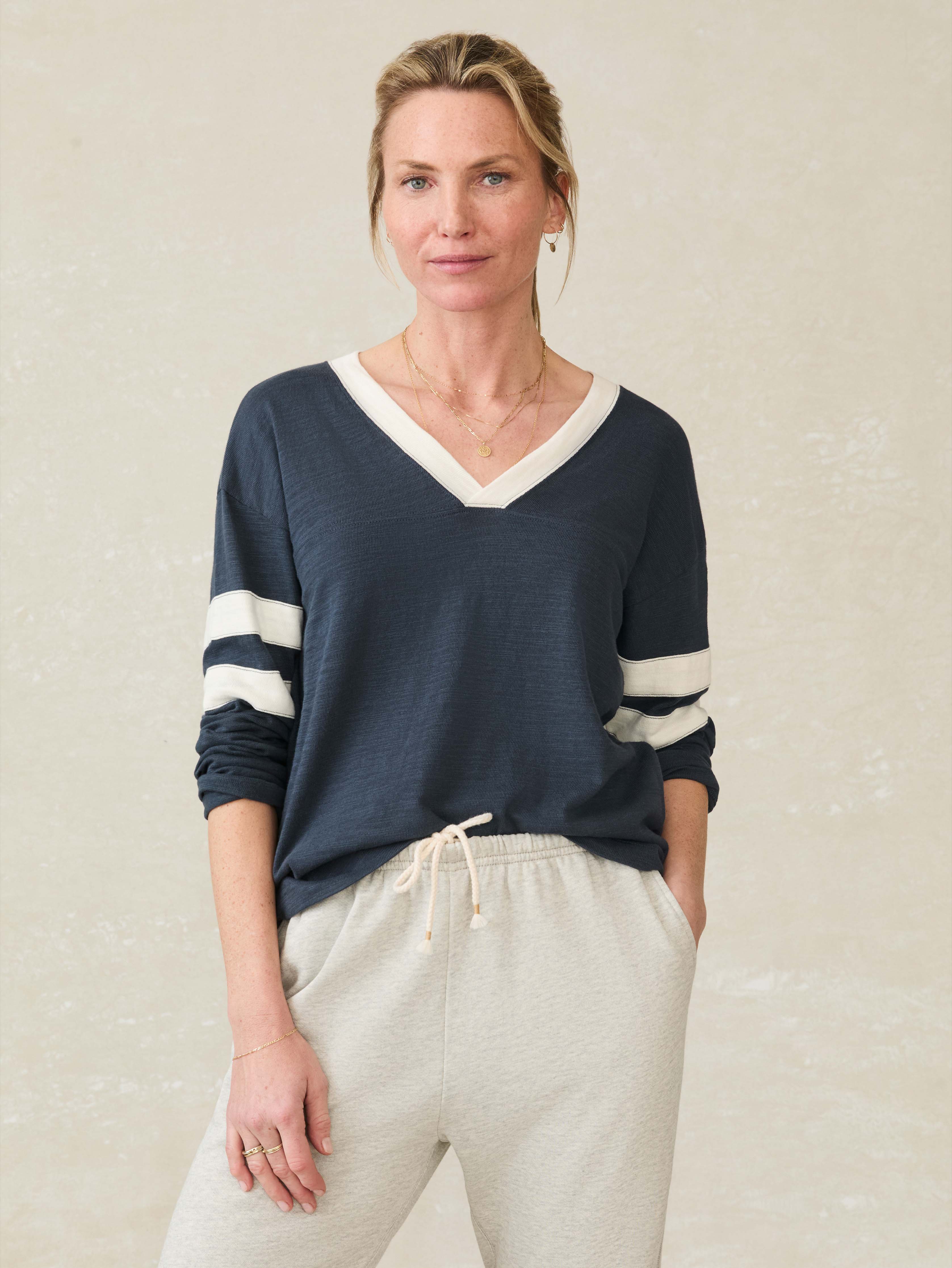 Sunwashed Slub Varsity V-Neck - Blue Nights
