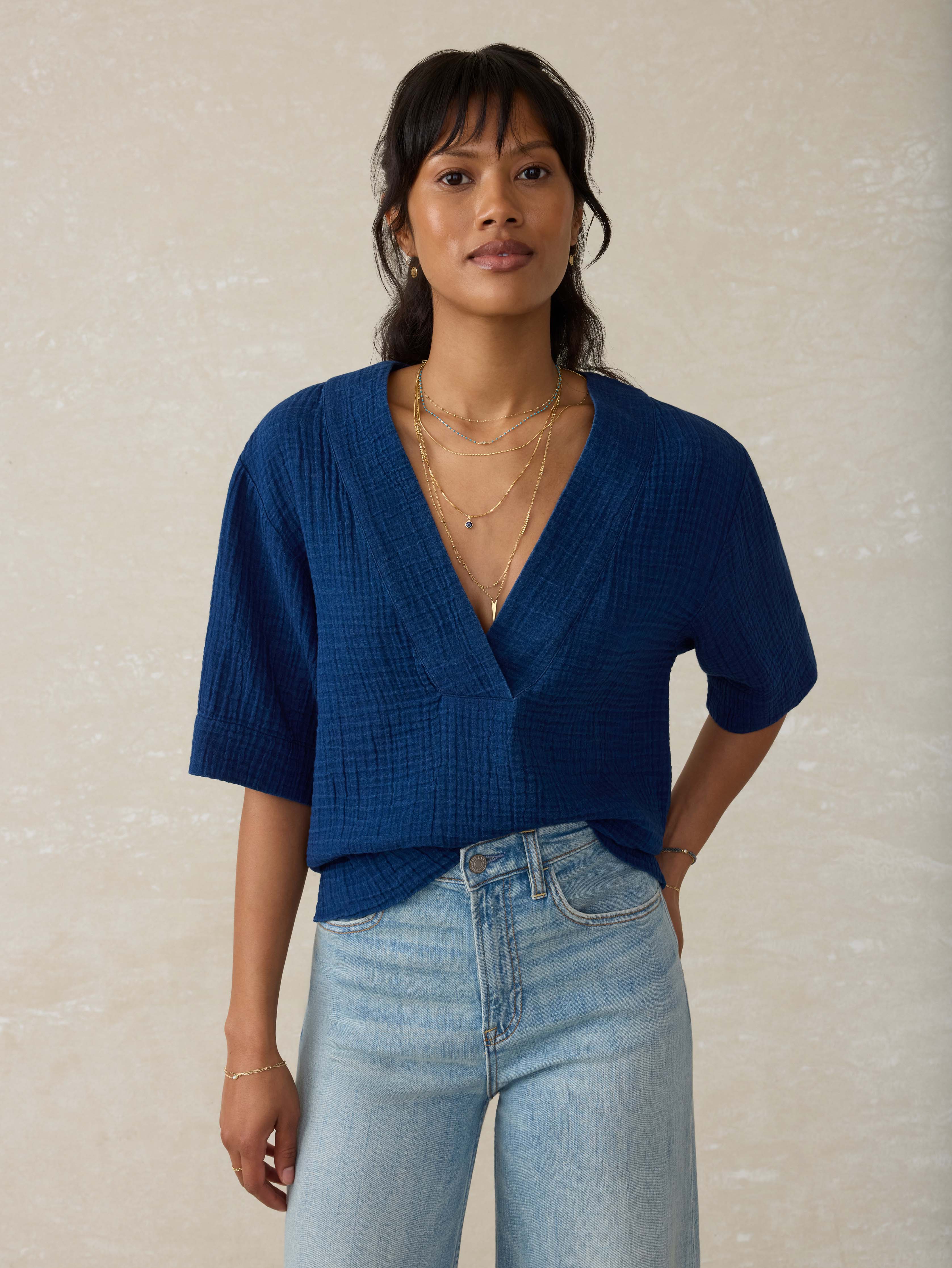 Dune Cotton Gauze Short Sleeve Popover - Dark Indigo Wash