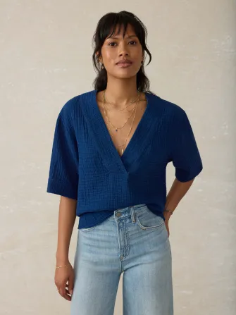 Dune Cotton Gauze Short Sleeve Popover - Dark Indigo Wash