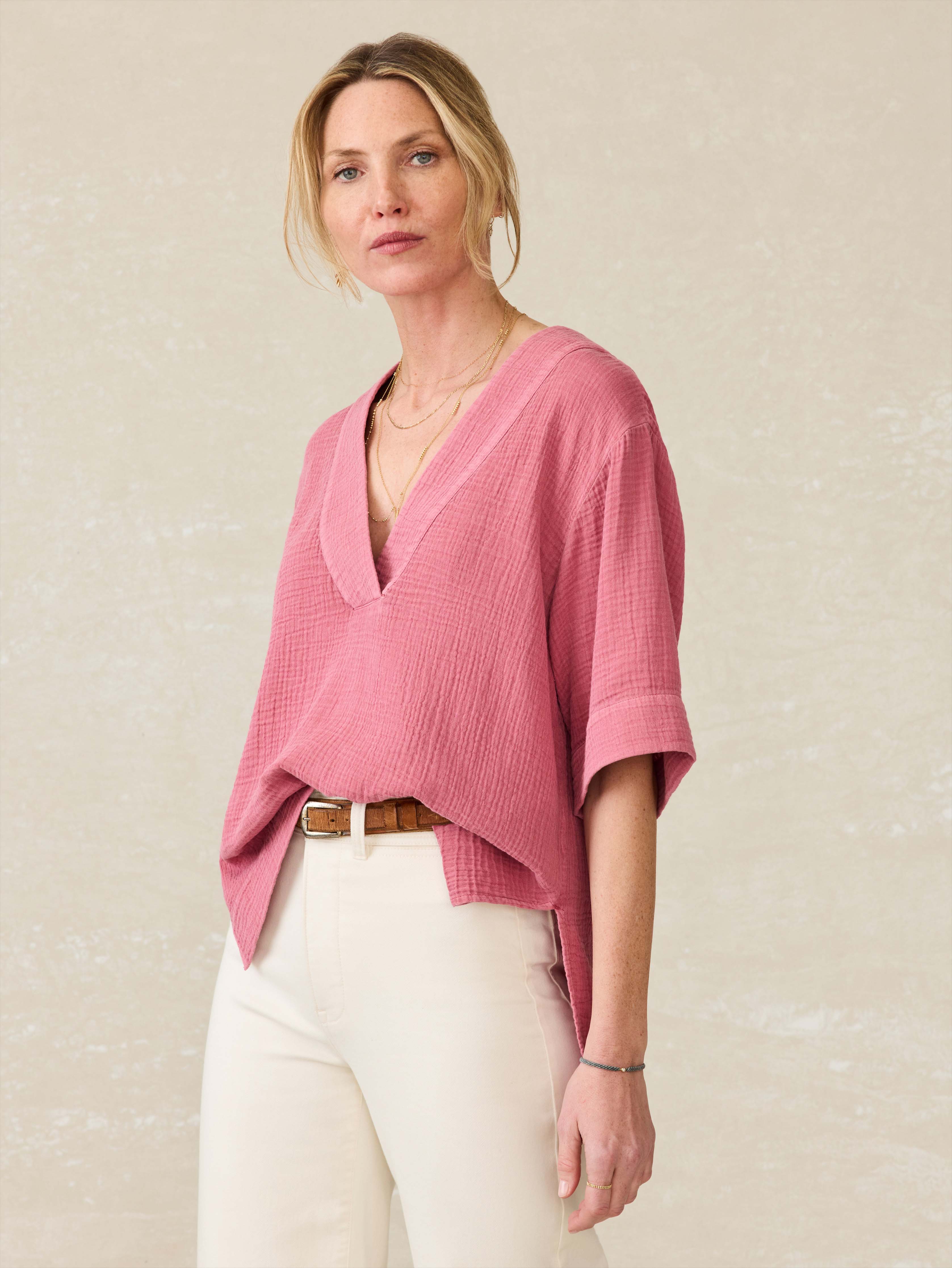 Dune Cotton Gauze Short Sleeve Popover - Heather Rose