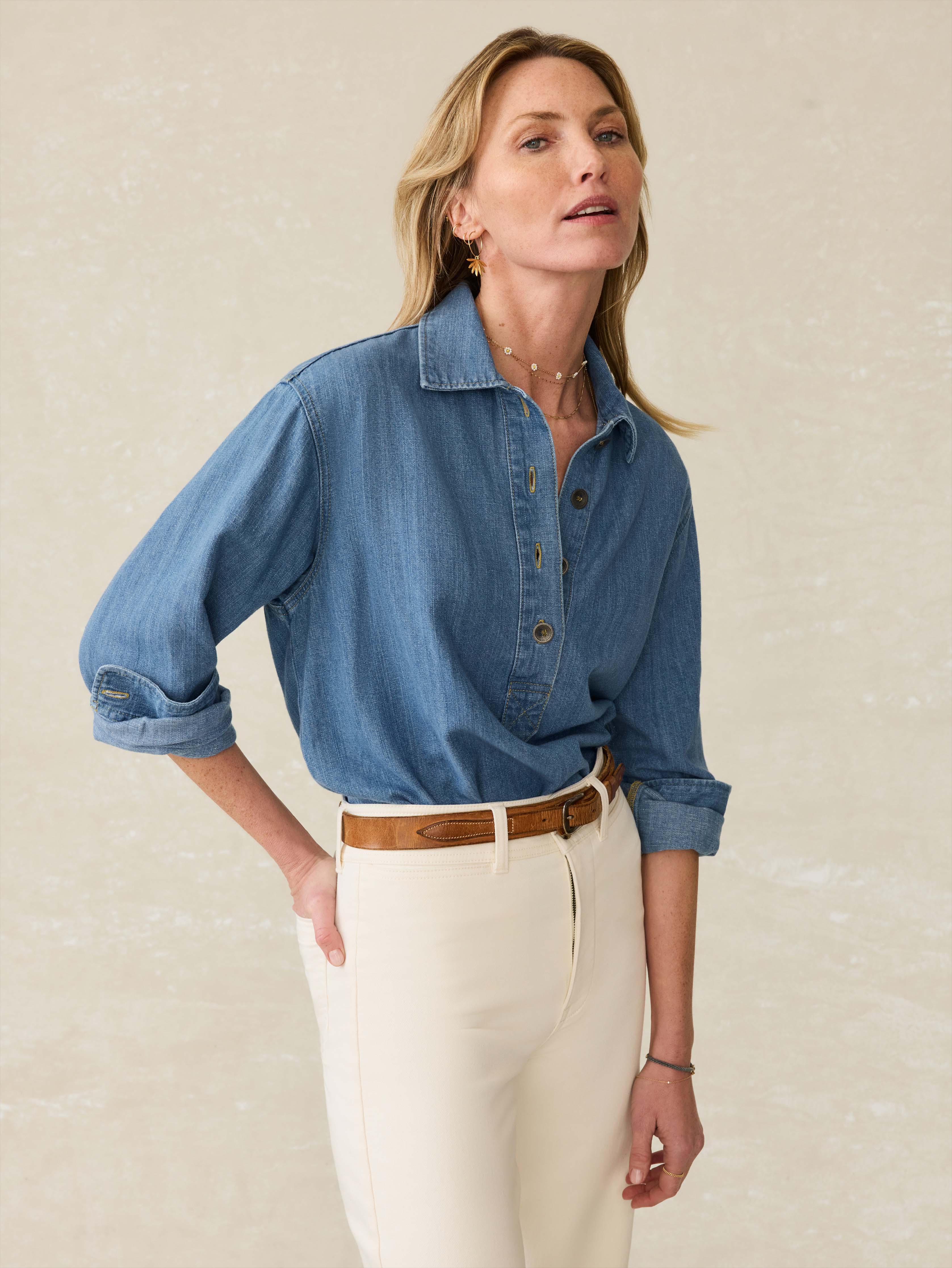 Linen Denim Oceanview Blouse - Coastal Cloud Wash
