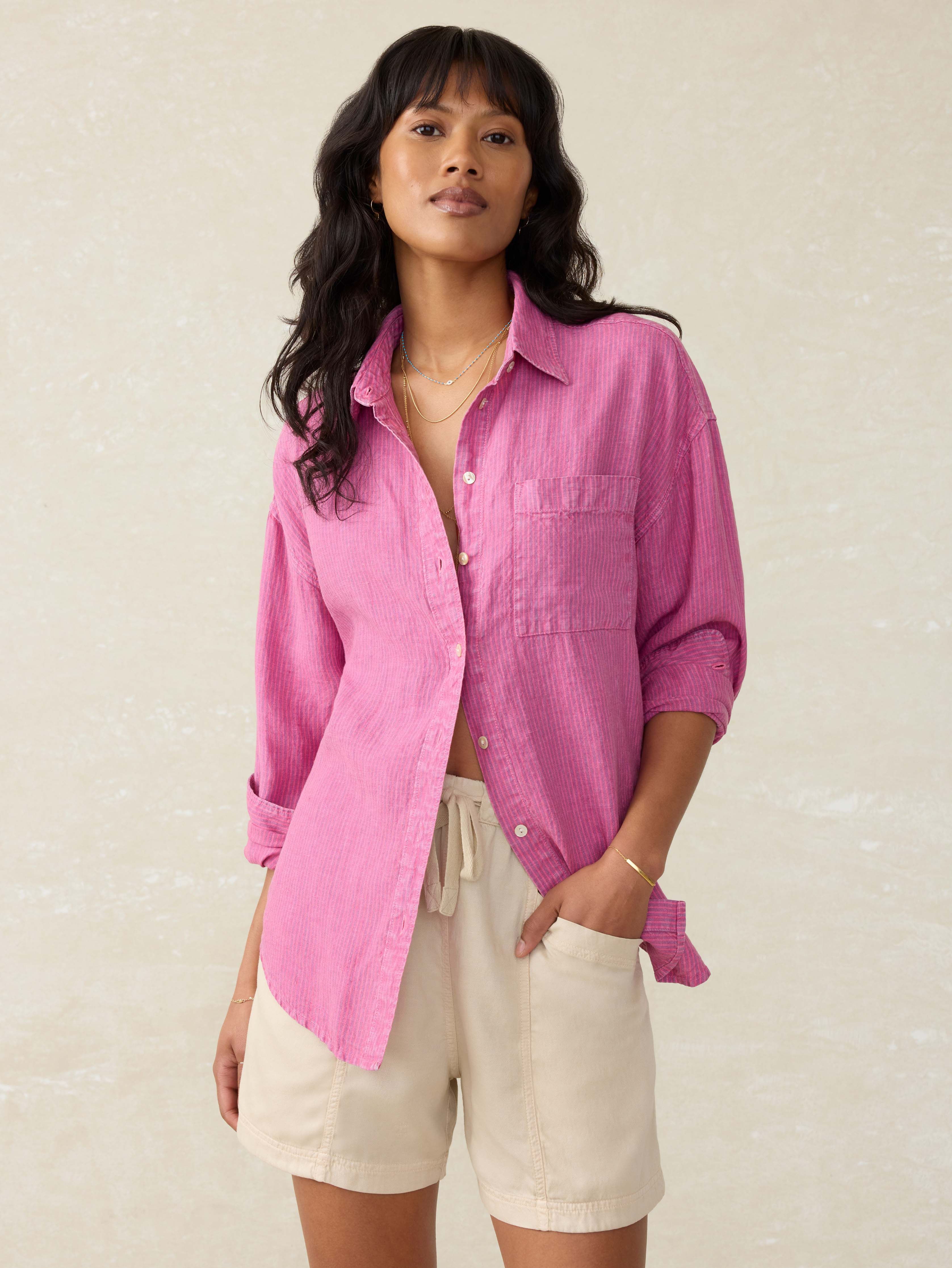 Laguna Linen Relaxed Shirt - Ibis Rose Stripe
