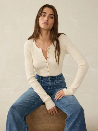 Stretch Cotton Cashmere Rib Cardigan - Whipped Cream