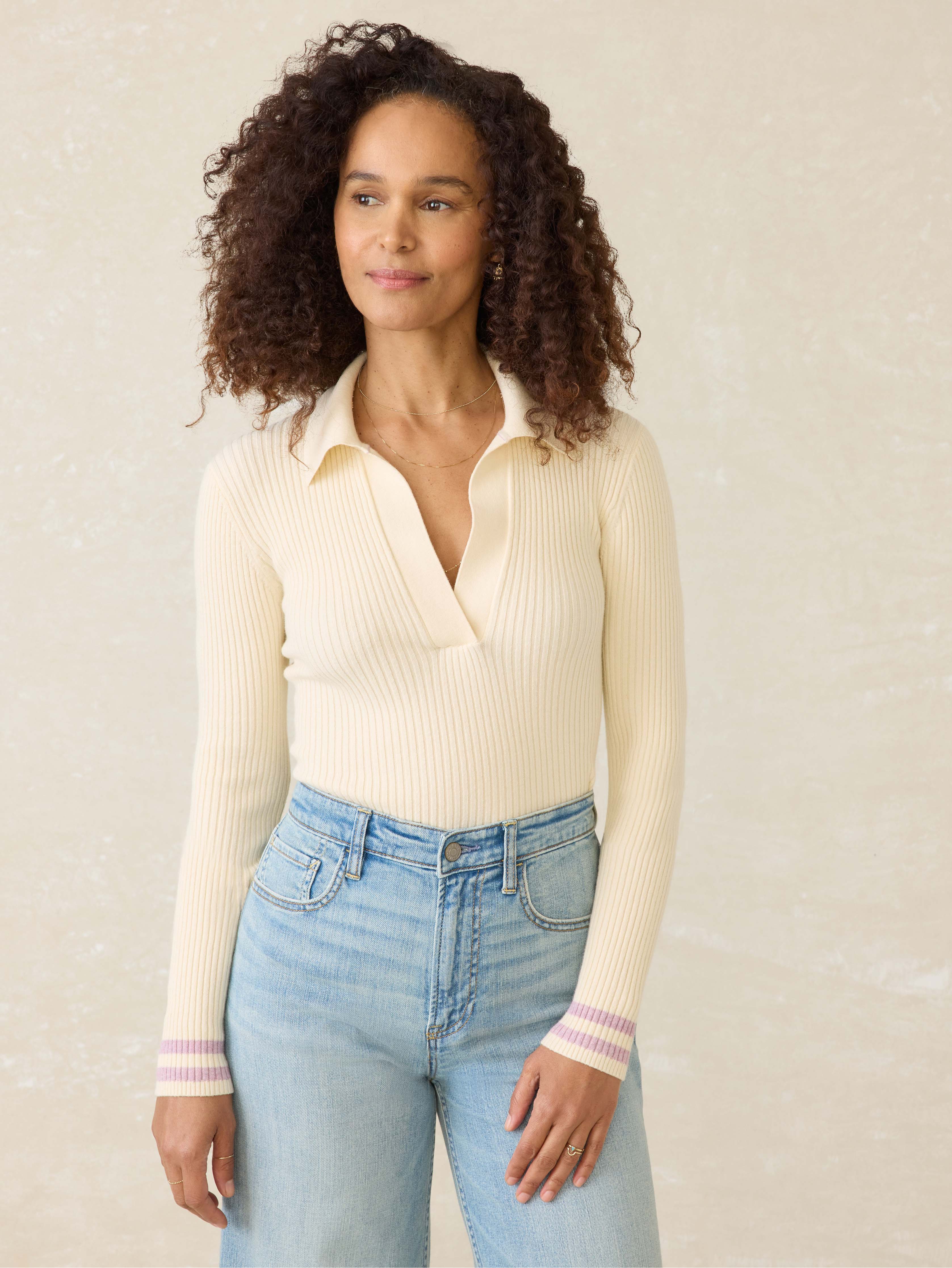 Stretch Cotton Cashmere Rib Polo - Cream Retro Stripe
