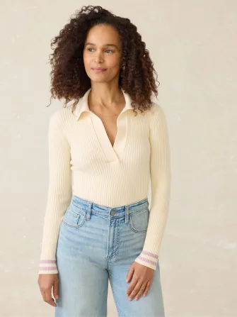 Stretch Cotton Cashmere Rib Polo - Cream Retro Stripe