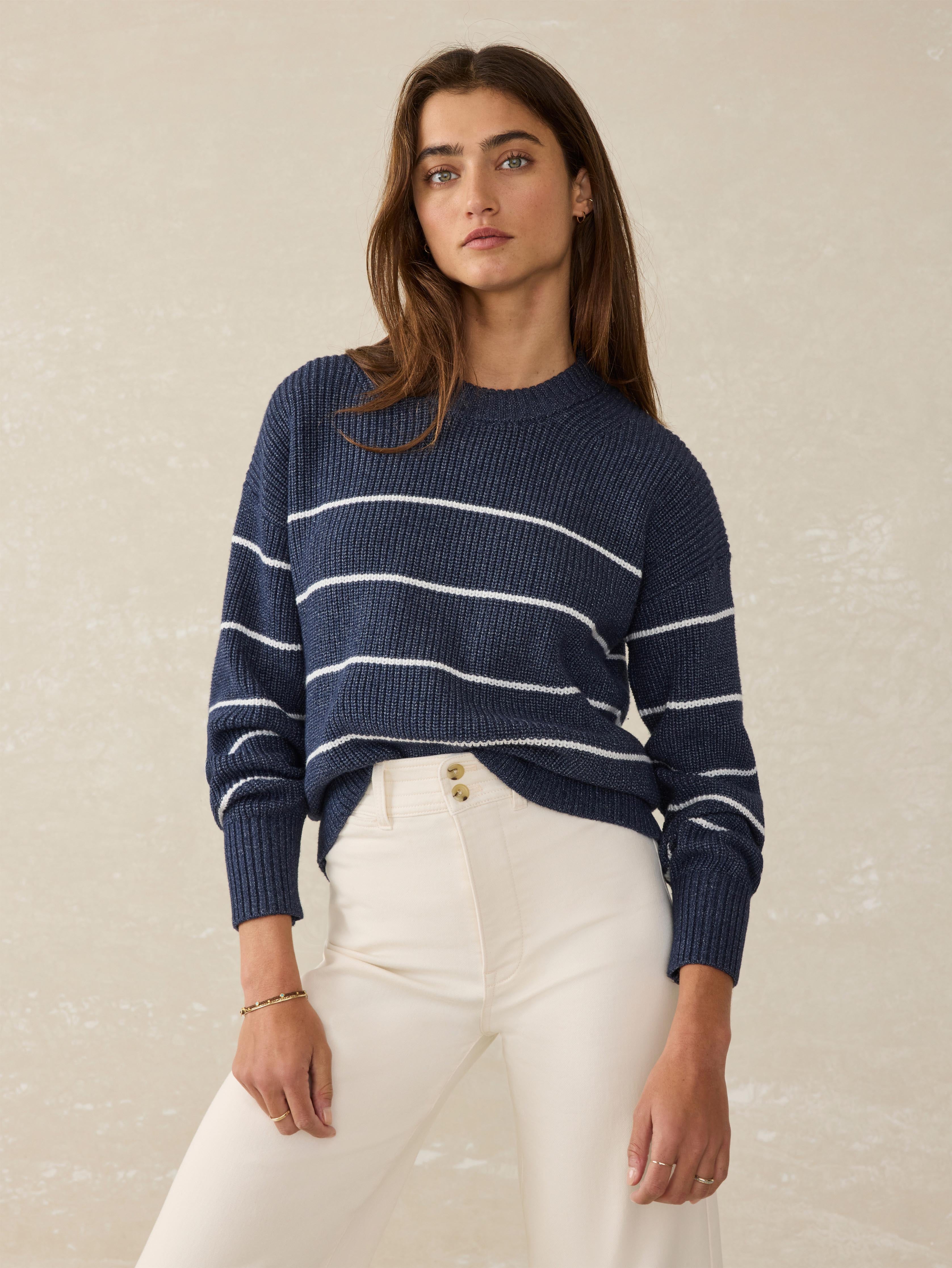 Sunwashed Cotton Fisherman Sweater - Water Mill Stripe