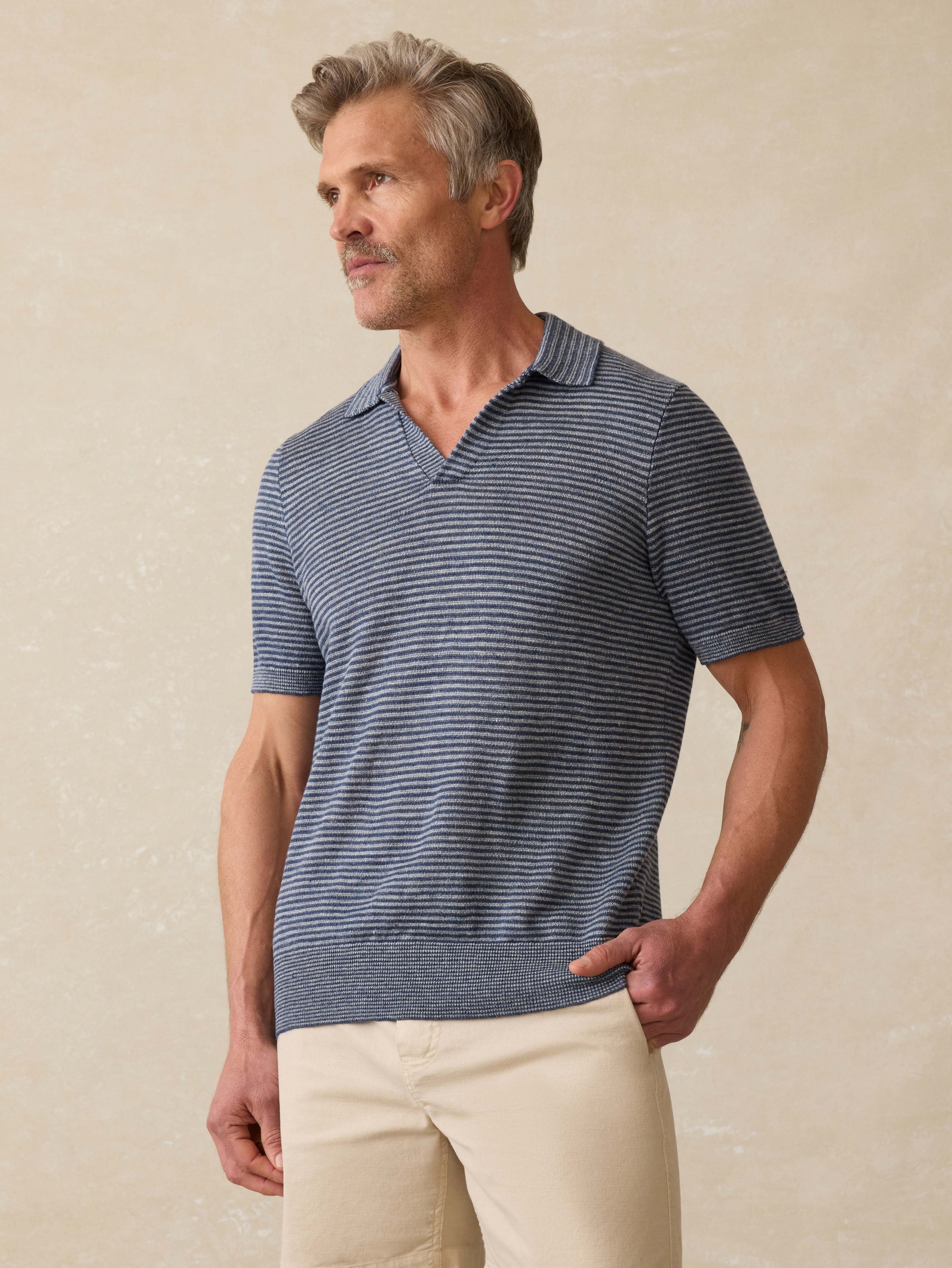 Short-Sleeve Linen Sweater Polo - Cayman Navy Feeder