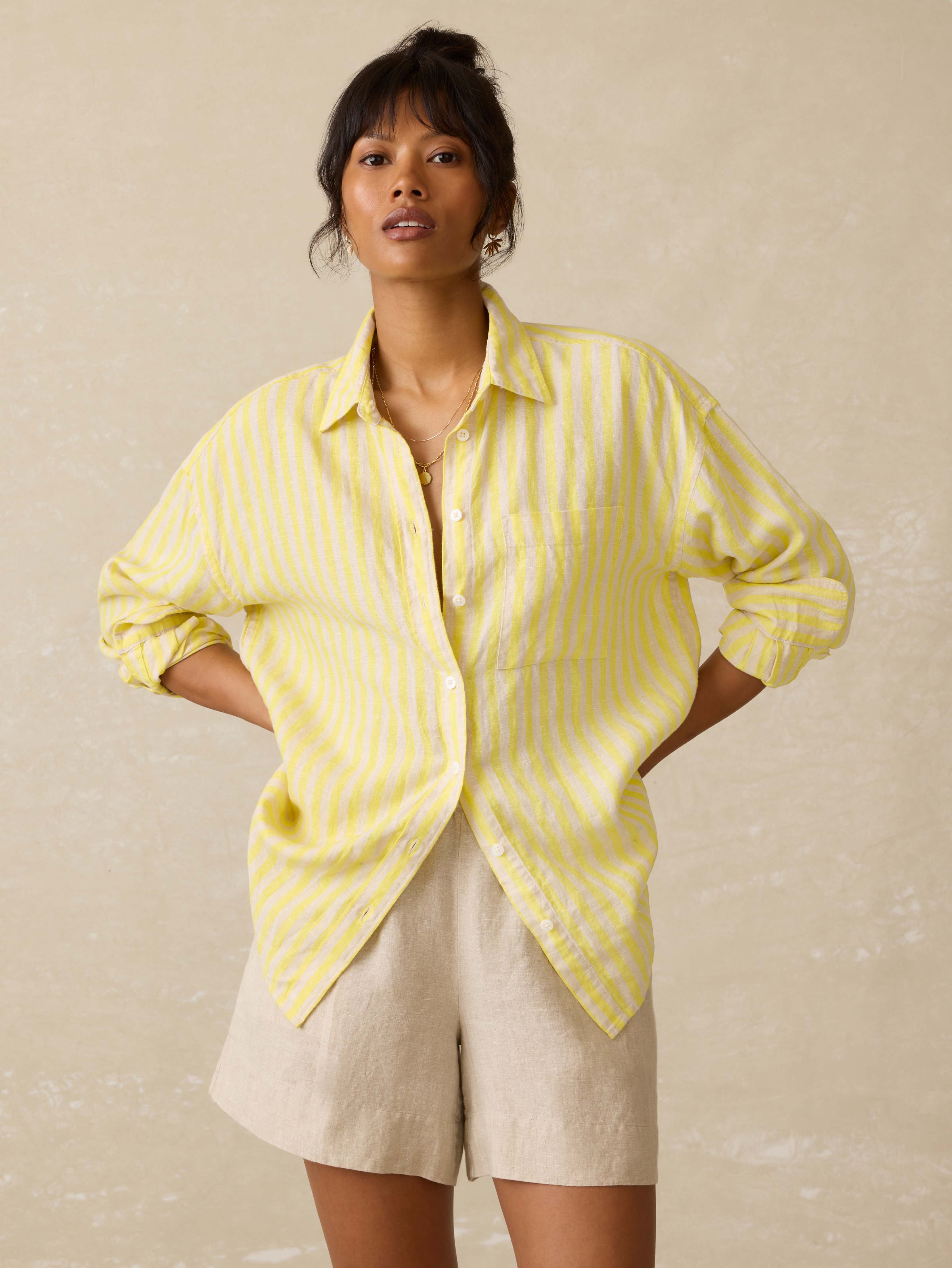 Laguna Linen Relaxed Shirt - Golden Kiwi Lucy Stripe