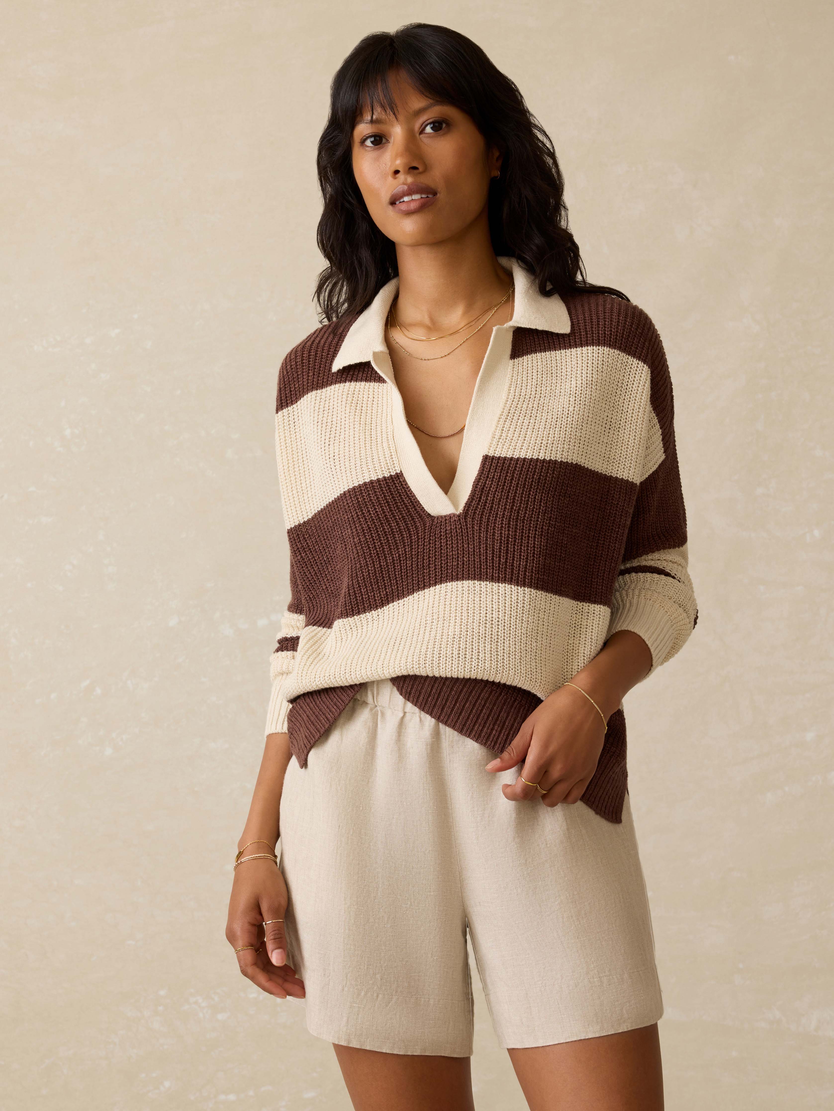 Miramar Linen Polo - Cocoa Rugby Stripe