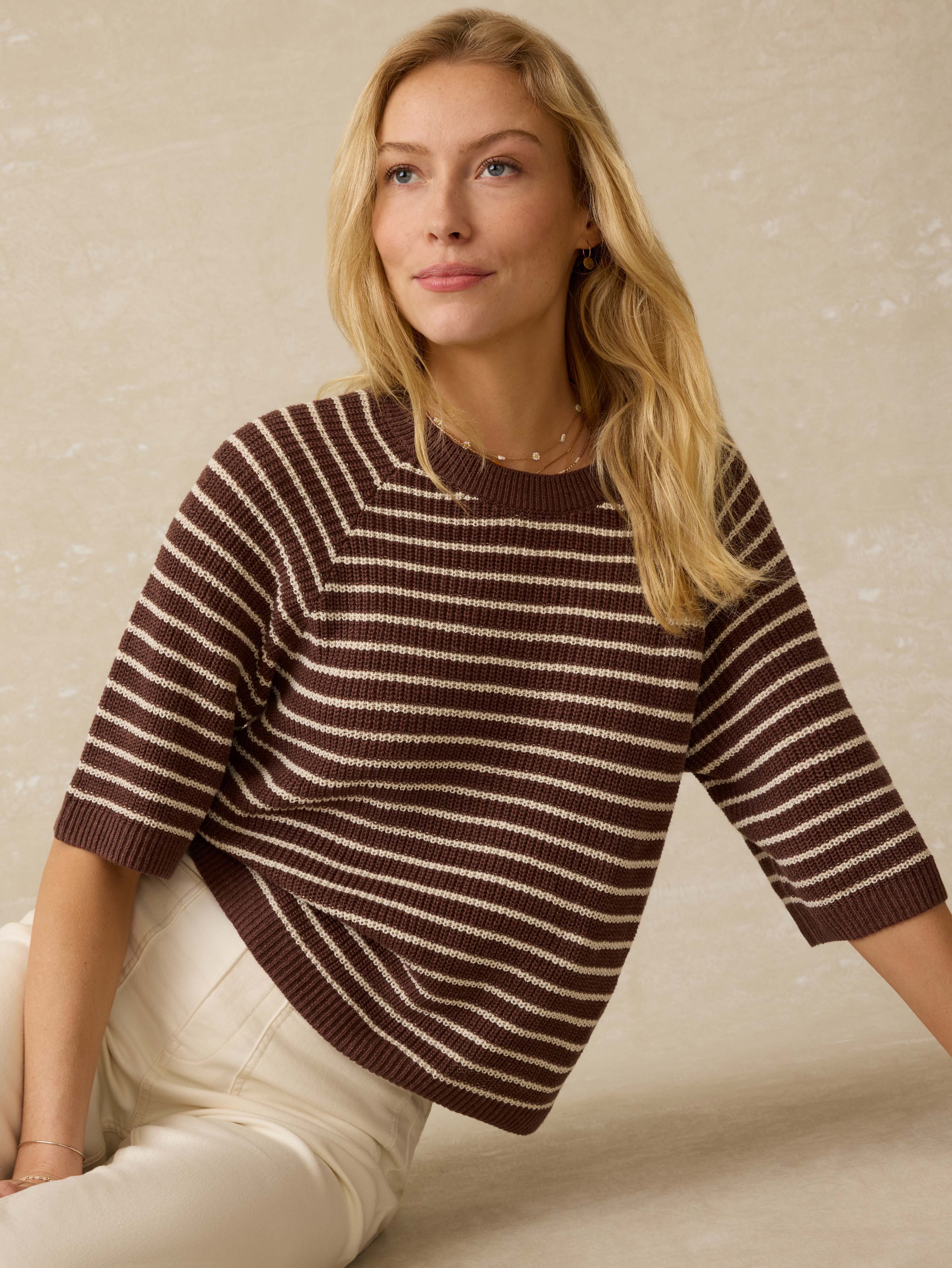 Miramar Linen Sweater Tee - Cocoa Sand Stripe