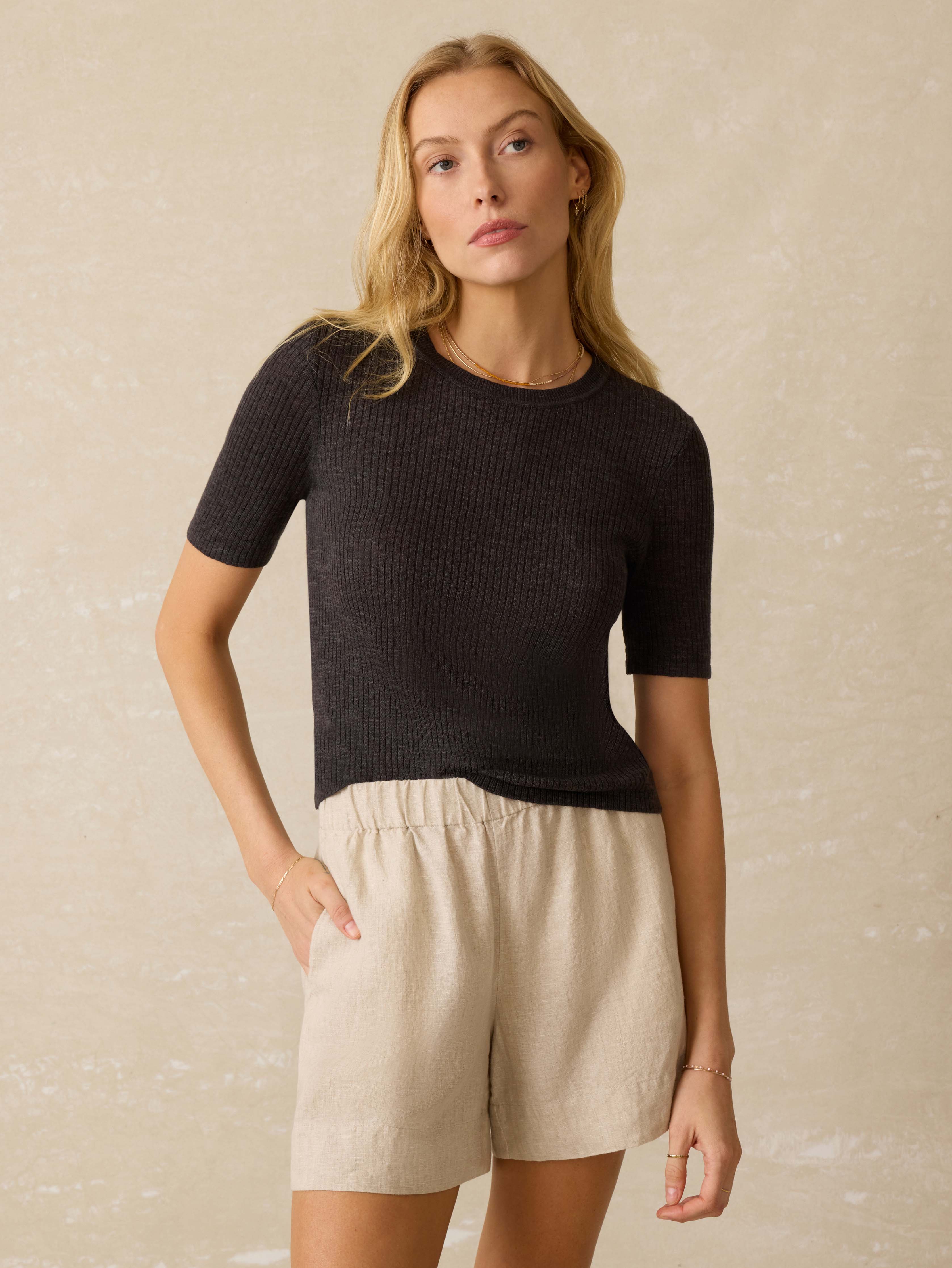 Miramar Linen Mini Rib Tee - Washed Black